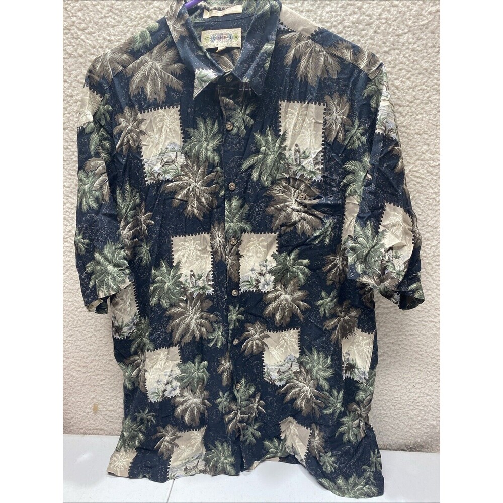 Vintage Campia Moda Rayon Hawaiian Shirt Size L Short Sleeve Button Palm Trees